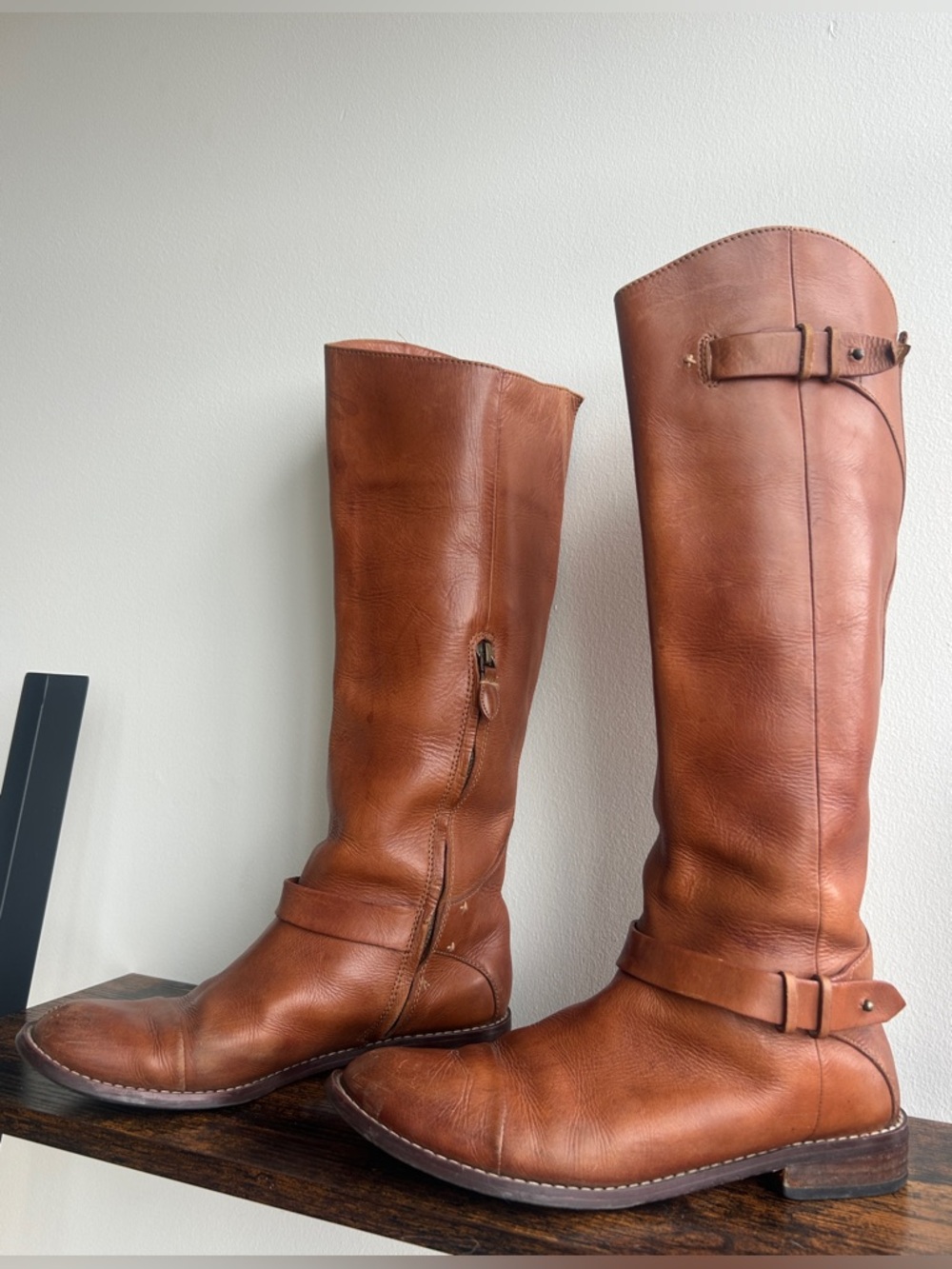 Cognac Brown Leather Riding Boots Size 9.5 Genuine Leather Tall Boots
